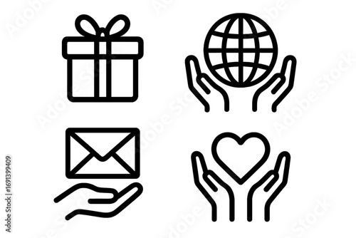 Donation and charity line icon set. Symbols of giving, love, support, and volunteering. Vector pictograms include a gift box, hands holding a heart, global care, and mail.