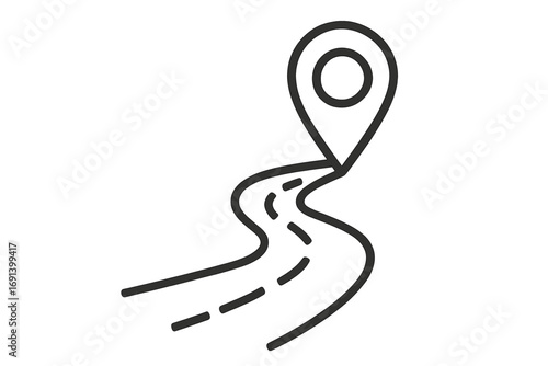 Route and Road with Map Pin Location Marker Outline. Linear Navigation Sign for Web Design, Apps, Advertisements, and Various Digital Cards. Vector Cartoon Illustration with Transparent Background
