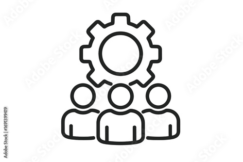 Team management and leadership icon. Business collaboration concept. Group of people working together with gear symbol. Organization workflow, operations and staff.