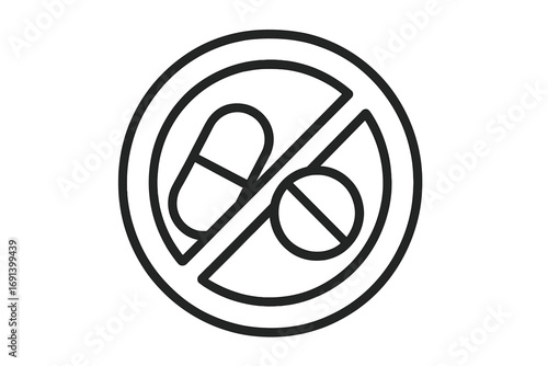 Prohibited pills icon, no medication symbol, capsule and tablet crossed out, medical restriction sign, health warning, vector cartoon illustration, transparent background