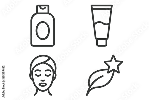 Beauty and skin care linear icon set. Shampoo bottle, cosmetic cream tube, spa facial treatment and natural ingredient leaf pictogram. Outline symbols for cosmetology and wellness.