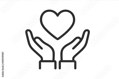 Hands holding a heart icon. Charity, donation, and volunteering concept. Symbol of love, care, kindness, and support. Vector outline for philanthropy and health services.