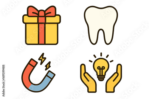 Collection of universal flat line icons. Gift box for presents, tooth for dental health, magnet for attraction, and lightbulb in hands for creative ideas. Vector symbols.