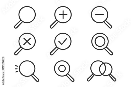 Search icon set. Magnifying glass, loupe line icons. Zoom in, zoom out, find, cancel symbols. Vector signs for web, app, UI, UX design. Minimalist pictogram collection.