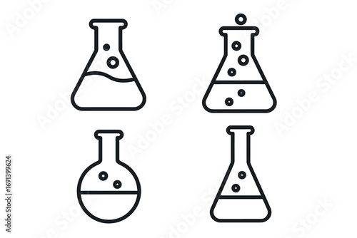 Science lab equipment icons. Laboratory flask, beaker, tube vector set. Chemical experiment symbol. Chemistry, biology research concept. Simple outline illustration with liquid.