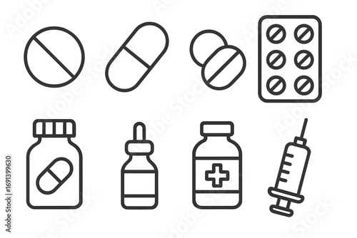 Medical and pharmacy line icon set. Simple outline signs of pills and medications. Vector collection of drug, capsule, tablet, bottle and syringe for web, apps, infographics.