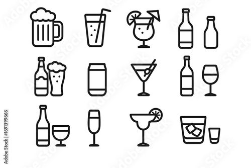 Drinks and alcohol beverage line icon set. Vector outline symbols for bar menu, party, web design. Icons of beer, wine, cocktail, soda, liquor. Simple illustration pack.