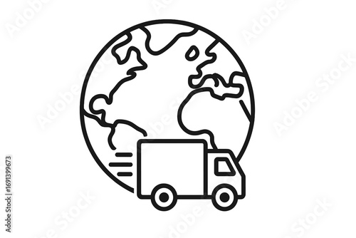 Planet Earth global delivery truck icon, minimalistic line art pictogram for web, graphic design, apps, banners, social media, shipping, logistics, world transport vector