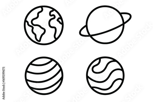 Planet icon set outline simple style. Space object collection. Earth, Saturn, Jupiter. Astronomy science symbol. Cosmic linear pictogram for web, app, logo. Universe galaxy sign.