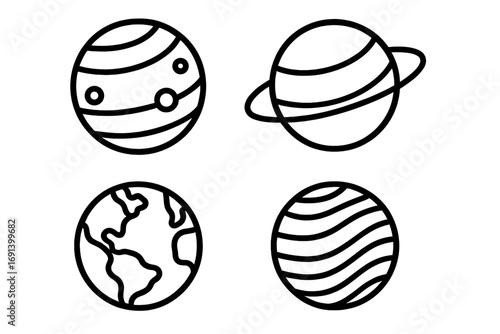 Set of planet icons. Outline linear vector for graphic web design. Space symbol collection. Earth, Saturn. Galaxy, universe, astronomy, science concept for app, website.