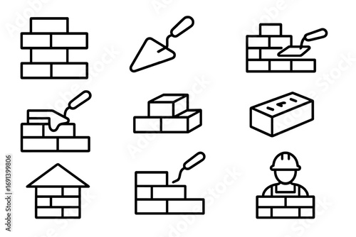 Bricklaying construction icon set. Masonry and building line icons. Brick wall, trowel, cement, worker signs for web design. Vector outline symbols for industry apps.