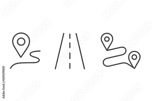 Minimalistic thin line route map icon with road and location pins, navigation concept for web, apps, banners, social media, and graphic design, vector illustration