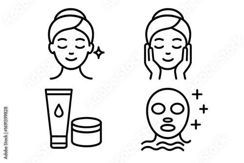 Skincare icons set vector, face care symbols with beauty cream, facial mask, and clean skin concept, minimalist cosmetic illustration, beauty routine, wellness, spa treatment