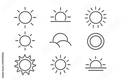 Sun line icon set. Minimalist outline symbols for weather apps and web design. Vector collection of sunrise, sunset, and sunshine pictograms with editable stroke for UI/UX.