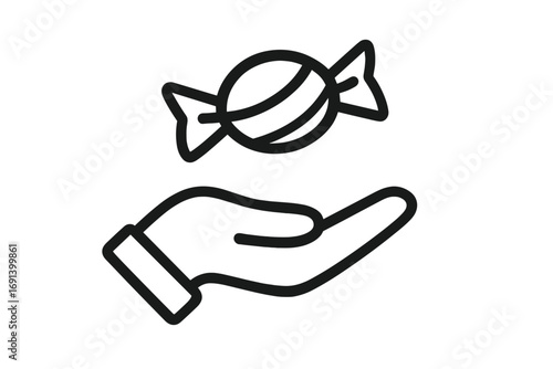 Hand Holding Candy Sweet Sale Icon for Websites, Books, Cards, Apps. Vector Cartoon Illustration Transparent Background. Simple Outline Design for Promotions, Discounts, Gift Concept