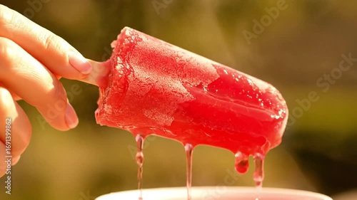 A hand holding a melting red popsicle with water droplets against a blurred background outdoors