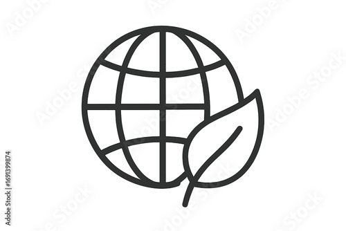 Earth globe with leaf outline icon, eco friendly environment symbol, green planet vector illustration for web design apps adverts sustainable nature concept