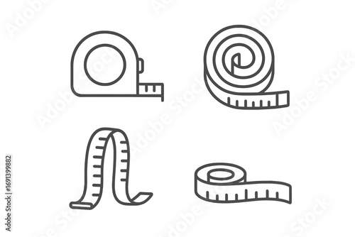 Measure tape icon set, editable stroke line art collection for web, books, cards, and apps, vector cartoon illustration, measurement tools, flexible and retractable rulers collection