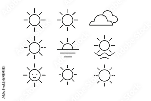 Sun line icon set weather symbol. Sunshine, sunrise, sunset minimal pictogram collection. Simple outline vector for app UI UX. Editable stroke. Summer day light forecast graphic.