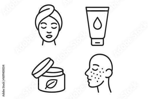 Minimalistic skincare icons set including facial care, cream jar, lotion tube, and acne treatment. Vector thin line style for web, apps, banners, social media, and design cards