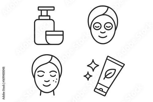 Minimalistic skincare icons set with facial cream, facial mask, clear skin, and natural cosmetic tube. Thin line style vector illustration for web, apps, beauty, wellness, and spa design.