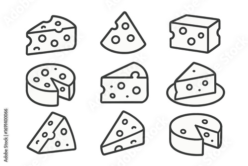 Cheese line icon set. Swiss, cheddar, parmesan slice, wedge, wheel. Dairy food vector pictogram. Minimal outline graphic symbol for grocery, menu, web, app design, logo.