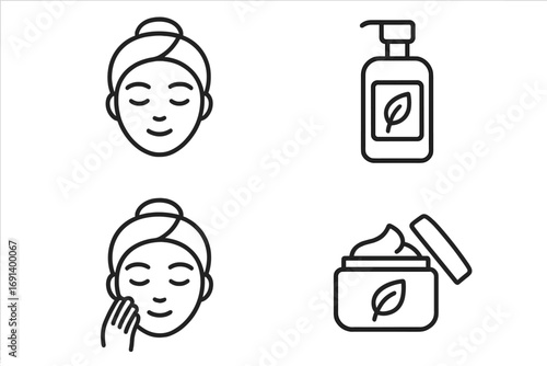 Skincare minimalistic symbol set with facial care icons, beauty cream jar and lotion pump bottle, natural cosmetic vector illustration for web, app, banner, social media design