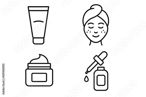 Minimalistic thin line skincare icons set with cream tube, face with towel, cream jar, and serum dropper. Vector cartoon illustration for web design, apps, banners, social media, cards.
