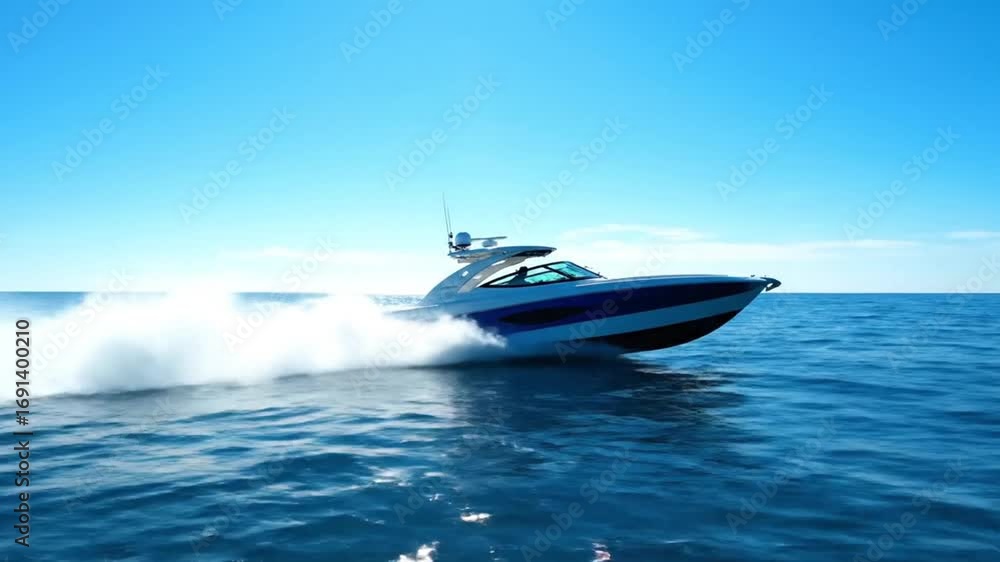 A sleek white and blue motorboat speeds across the ocean under a clear bright blue sky creating spray