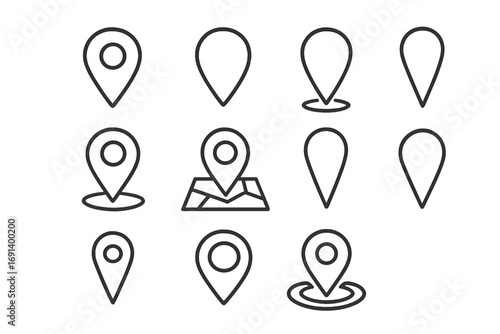 Location pin line icon set. Map pointer, marker, and destination symbols collection. GPS navigation and travel signs for web design, apps, and UI UX. Vector outline graphics.