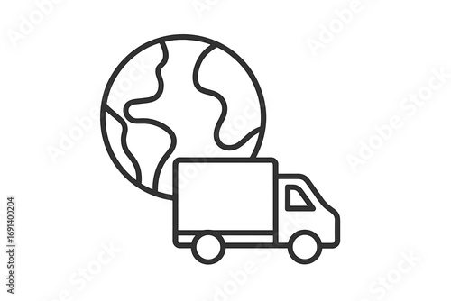 Minimalistic thin line icon of planet Earth with delivery truck, global shipping and logistics concept, web graphic design, app symbol, banner and social media vector illustration