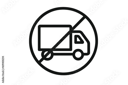 No trucks allowed icon. Delivery van prohibited symbol. No heavy vehicles pictogram. Lorry ban road sign. Stop transport traffic warning. Forbidden freight logistic concept vector.