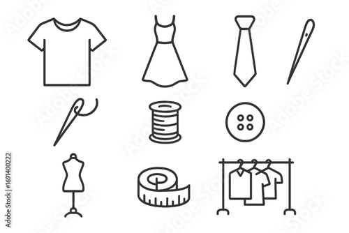 Sewing and tailor line icon set. Garment and clothing vector collection. Fashion design symbols. T-shirt, dress, needle, thread, mannequin, measuring tape outline icons.