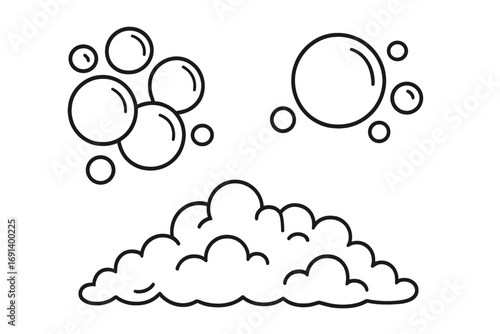 Vector bubble and foam icons set, cartoon style transparent background graphics for apps and design, soap bubbles and foamy cloud elements, clean outline illustrations