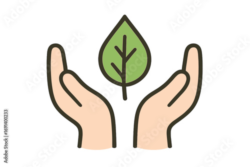 Conceptual green leaf held by two hands symbolizing nature protection, eco-friendly care, environmental conservation, sustainable growth, and green energy illustration for apps and graphics