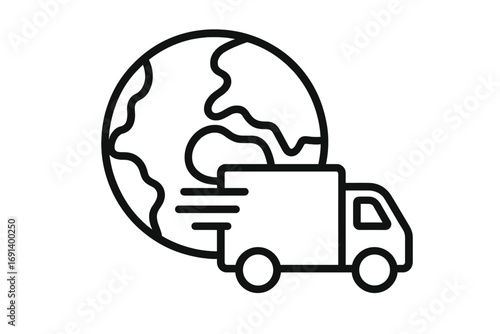Global delivery truck icon with planet earth outline, fast shipping concept, worldwide transportation graphic, vector line art for web design, apps, advertising and logistics cards