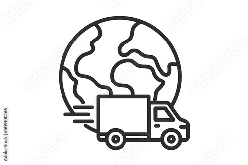 Worldwide delivery truck shipping icon. Global logistics concept with planet Earth and fast cargo transport line vector illustration for web, apps, adverts, and business design.