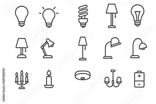 Light and lamp thin line icon set. Collection of lighting and electricity symbols. Bulb, chandelier, desk lamp, candle. Vector graphic for web and app design. Editable stroke.