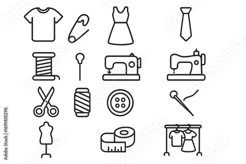 Sewing and garment line icon set. Tailor craft, fashion design concepts. Dressmaking, needlework symbols. Vector icons of sewing machine, scissors, thread, button, mannequin.