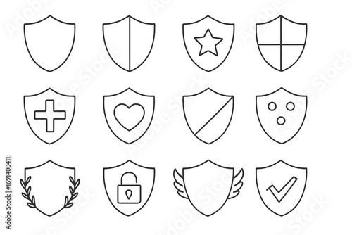 Shield security icon set. Protection, safety, guarantee concepts. Line icons for UI, web. Health, privacy, award symbols. Editable stroke vector illustration.