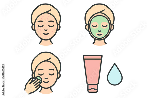 Skincare routine icons set including acne treatment, facial mask, cleansing application, moisturizer tube and water drop, beauty care concept vector cartoon illustration