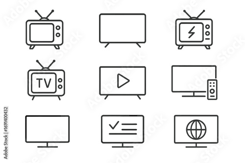 TV line icon set. Retro television, modern smart TV monitor. Video streaming, internet media symbol. Editable stroke outline pictogram for web design, apps, and broadcast.