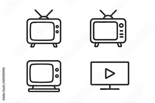 TV set line icon collection. Retro television and modern screen. Video player symbol. Editable stroke pictogram for streaming, web design, UI, UX, app, and interface.