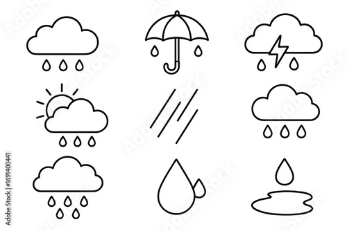 Modern rain weather icons vector set, outline style illustration with umbrella, rain drops, clouds, storm, sun and rain combos, transparent background for design, apps, and social media