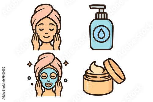 Skincare icons set vector, facial care routine illustration, beauty treatment symbols, moisturizers and face mask graphics, spa and personal care concept, cartoon style vector art