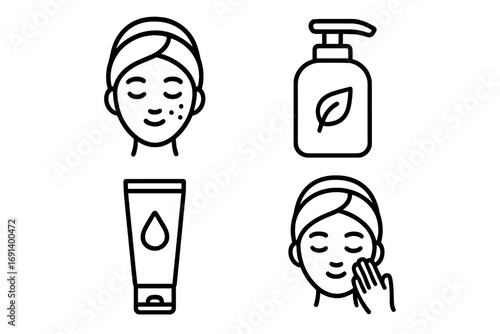 Skincare icons set for websites apps books cards, vector cartoon illustration with transparent background, facial care, lotion bottle, cream tube, natural beauty routine, skin health