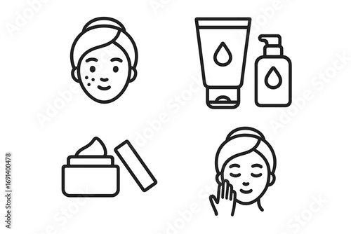 Skincare icons set vector, facial care symbols, acne treatment, moisturizer cream jar, lotion pump bottle, face cleansing routine, beauty skincare cartoon illustrations, transparent background