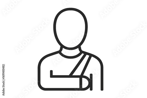 Minimalistic linear icon of person with arm in sling, injury recovery symbol, medical support concept, healthcare illustration, vector cartoon for web, apps, social media, banners, cards