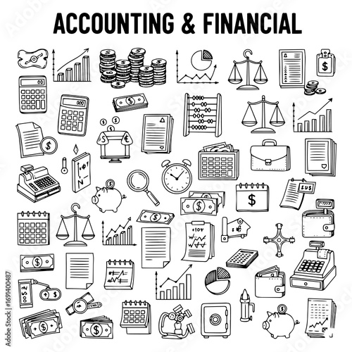 Comprehensive hand-drawn collection of accounting and financial icons, featuring money, charts, documents, calculators, and essential business elements in doodle style.