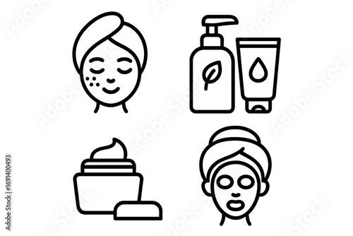 Skincare icons set with facial care, moisturizing cream, lotion bottles, and beauty mask. Vector cartoon style illustration for apps, websites, books, and wellness designs